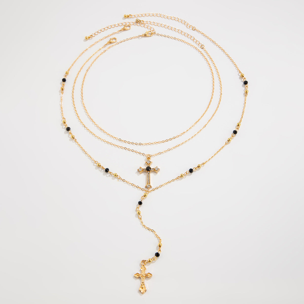 Wind Stacked Cross Fringed Necklace Round Bead Snake Bone Chain Multi-Layer