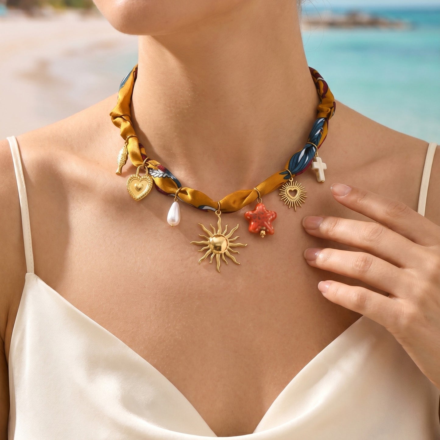 European – American Bohemian Stainless Steel Imitation Pearl Sunflower Printing Silk Necklace