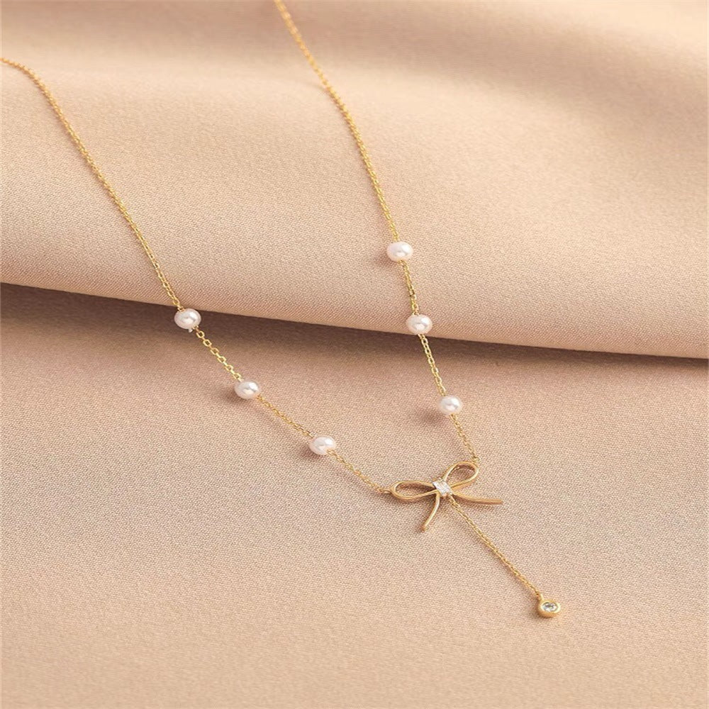 New Versatile Temperament Pearl Bow Necklace 925 Silver Jewelry