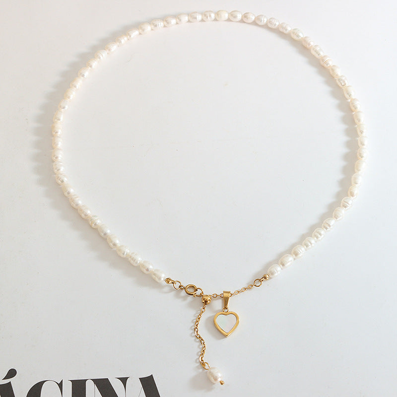 French Style Freshwater Pearl and White Sea Shell Heart Pendant Necklace with Personalized Charm