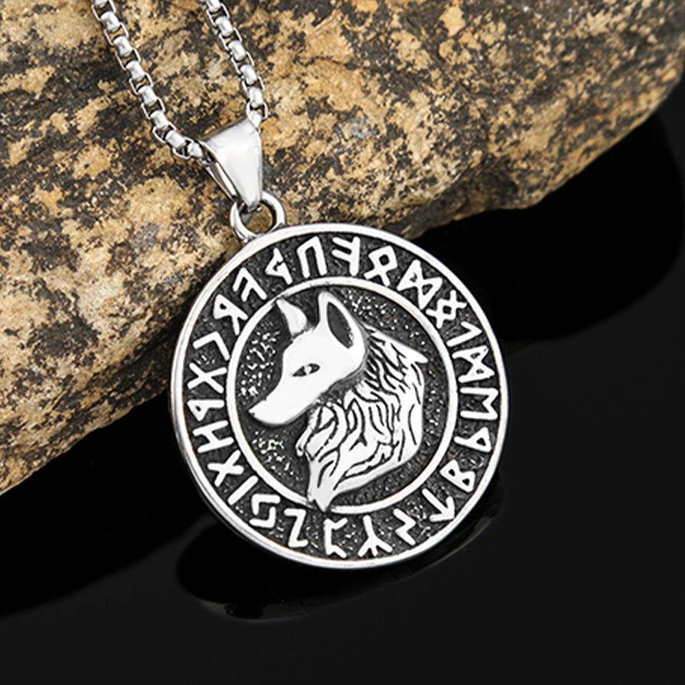 Titanium Steel Viking Wolf Head Pendant Retro Rune Necklace