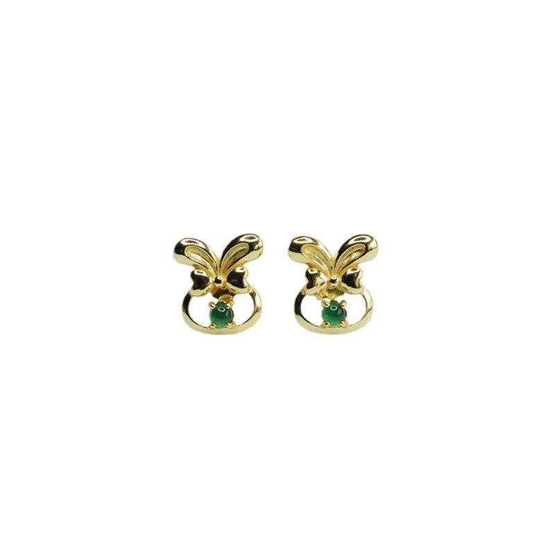 Icy Green Jadeite Bow 925 Silver Stud Earrings