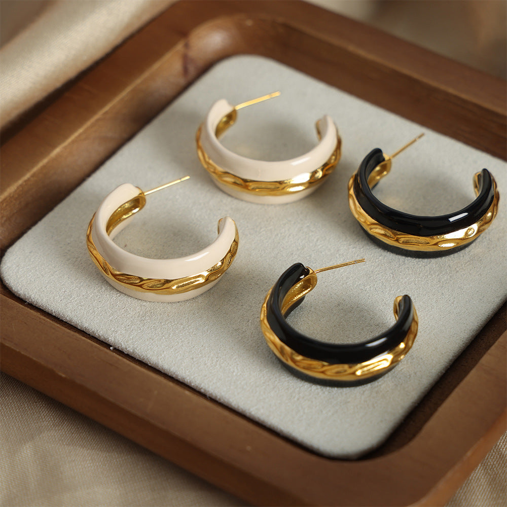 Exaggerated Retro Titanium Steel Earrings with Gold-Plated Semi-Circular Glaze