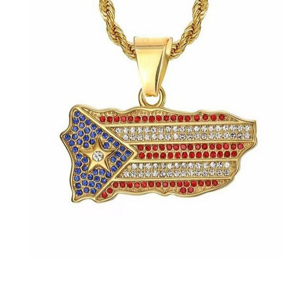 Planderful Hip Hop Puerto Rican Flag Pendant Necklace Stainless Steel Zircon Diamonds Unisex Statement