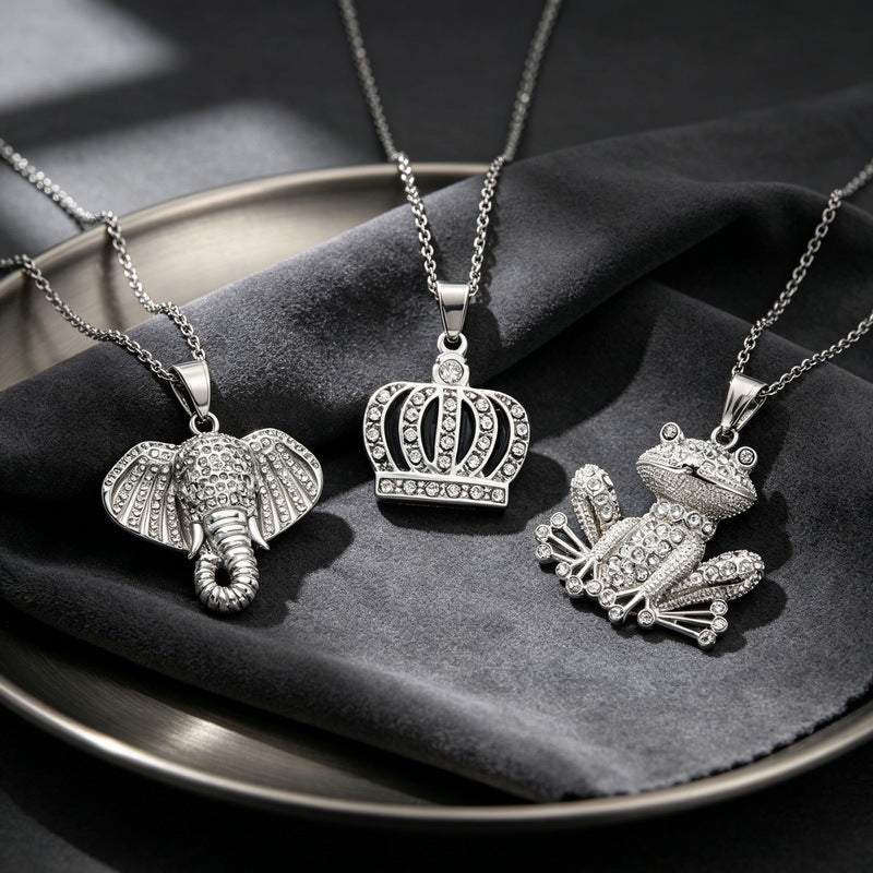 Hiphop Hip Hop Crown Auspicious Pendant, Rock Club Full Of Zircon Cartoon Frog Necklace