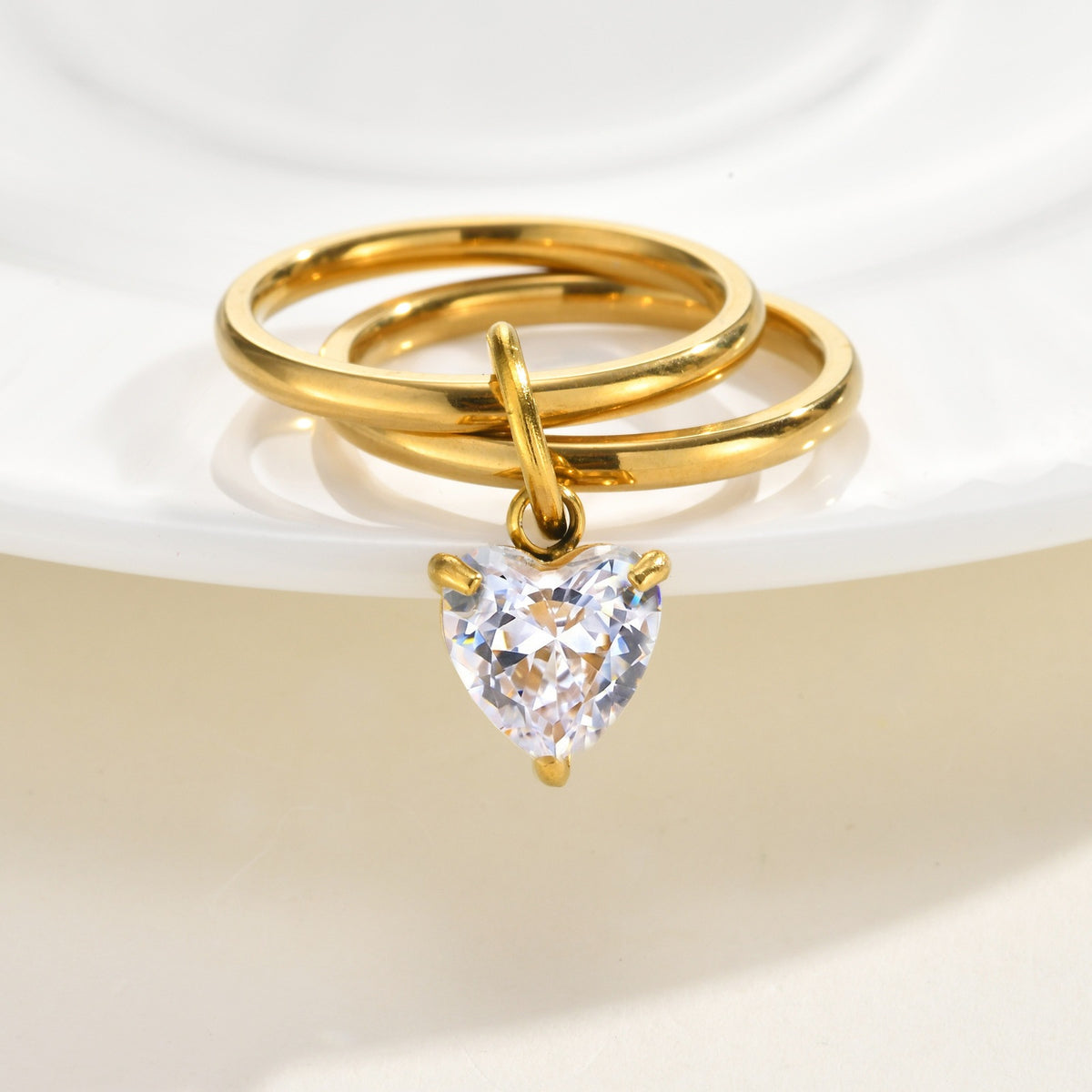 Stainless Steel Double Ring Square White Zircon
