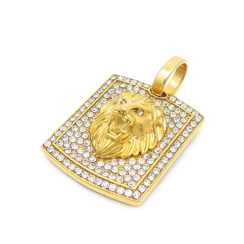 Hip-Hop Style Stainless Steel Lion Head Pendant with Zircon Accents for Men