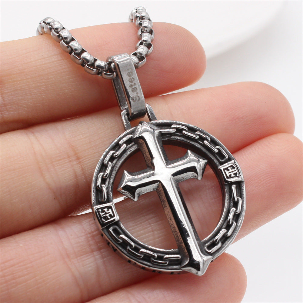 Planderful Everyday Genie – European and American Retro Cross Men’s Titanium Steel Pendant Necklace