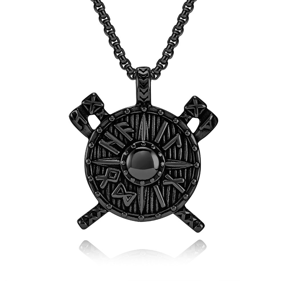 Planderful Viking Shield Axe Pendant Necklace For Men Unisex Stainless Steel Protection Statement