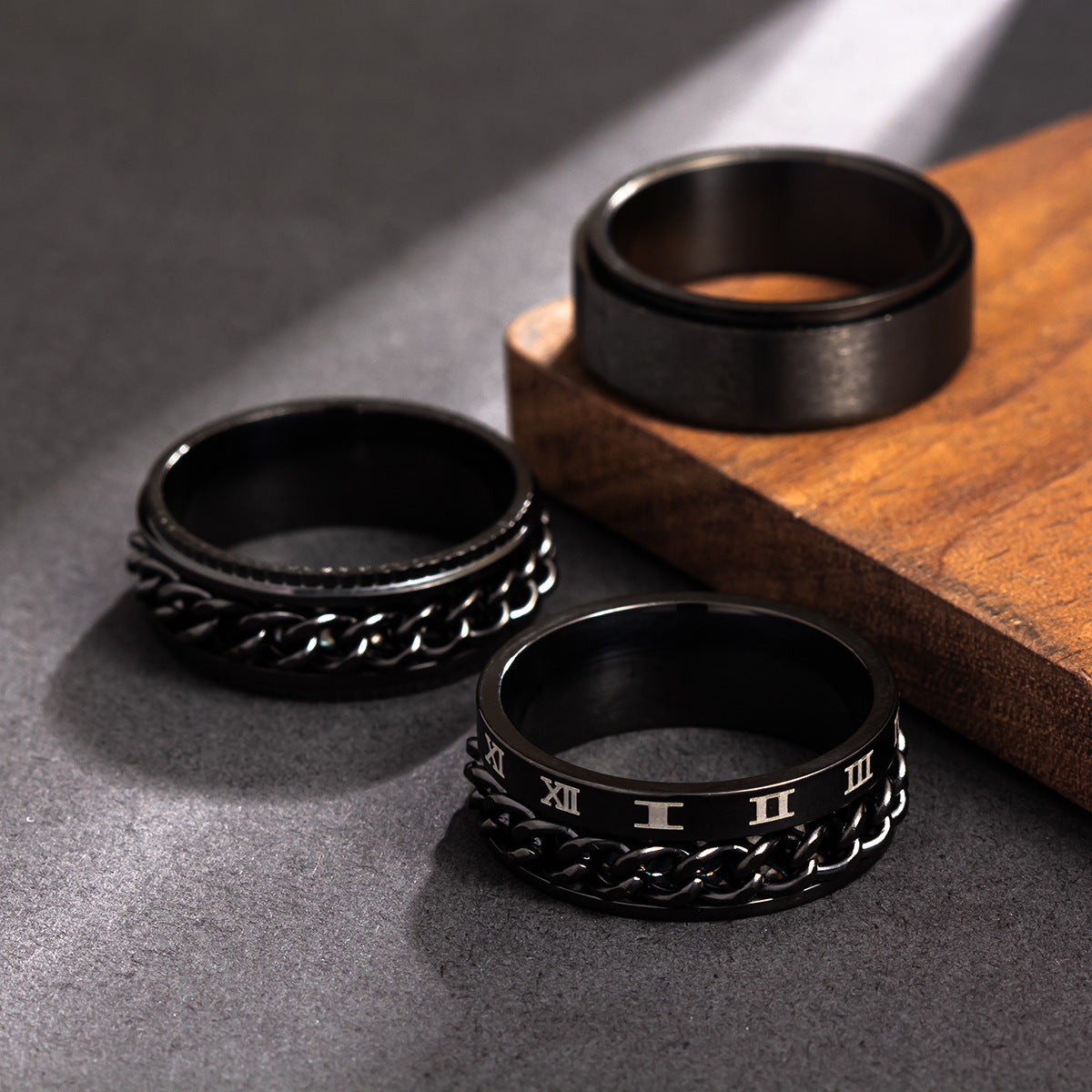 Rotating Titanium Steel Men's Ring Set with Hand Ornaments - Three-Piece Set