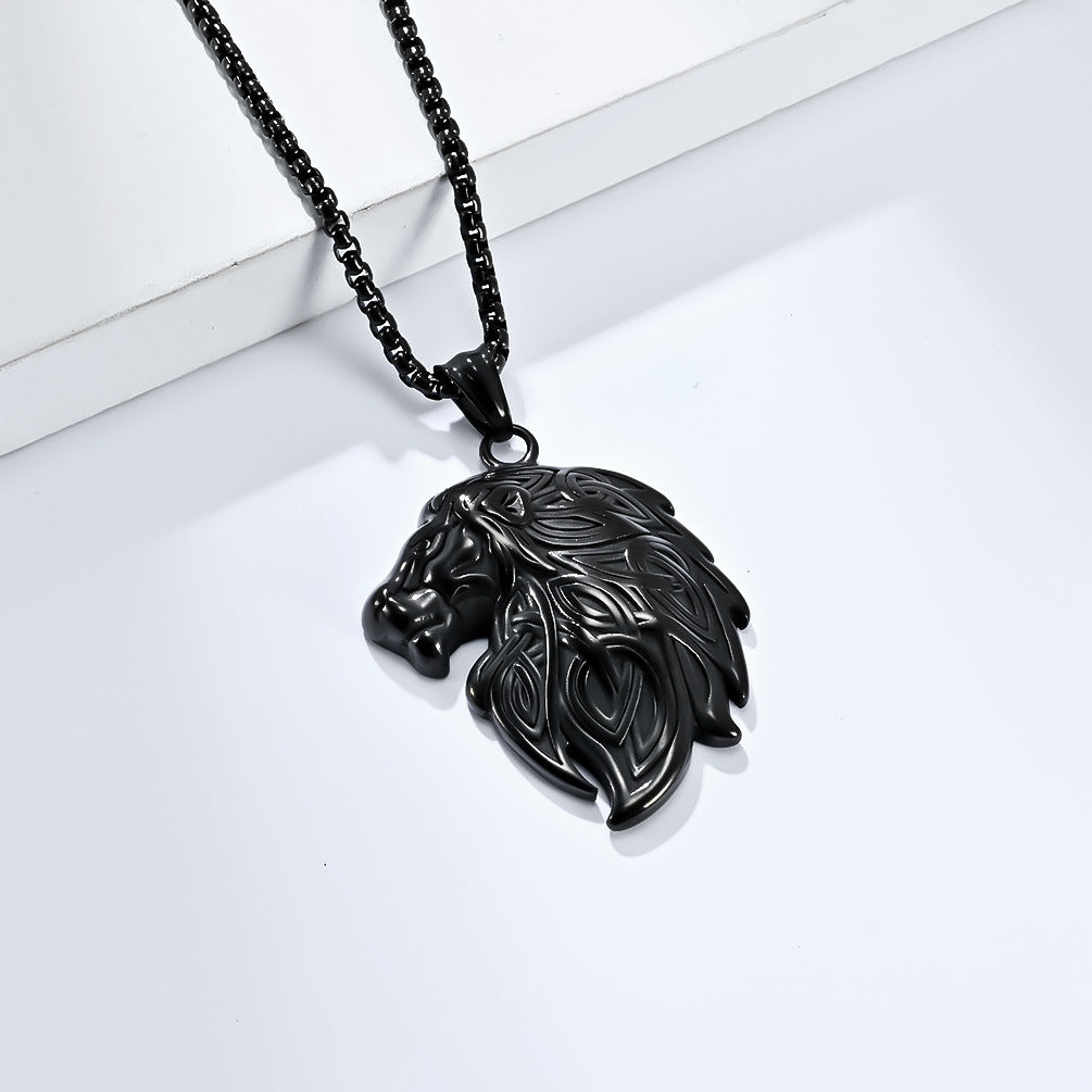 Planderful Viking Lion Head Pendant Necklace Durable Steel Triangular Knot Design For Him Bold Nordic Totem