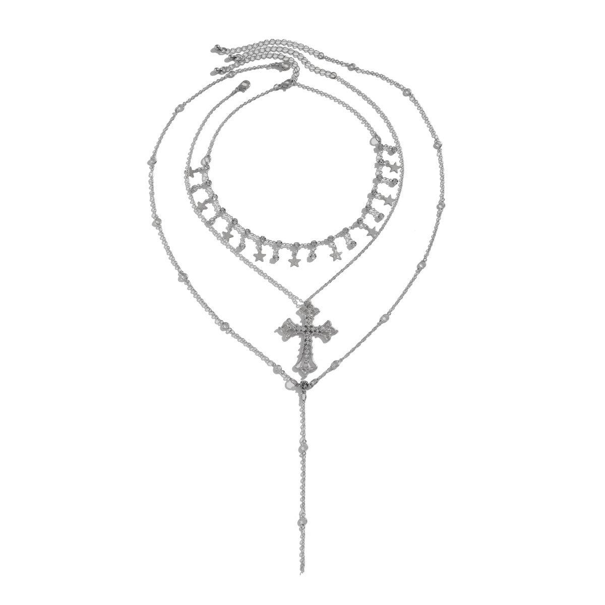 Layered Cross & Star Tassel Long Necklace