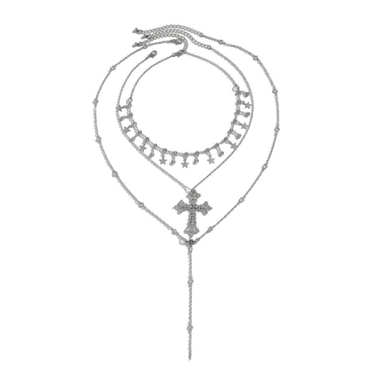 Layered Cross & Star Tassel Long Necklace