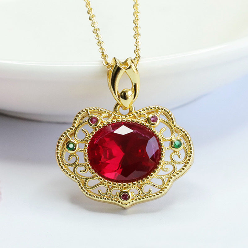 Lab-Grown Ruby Faceted Ruyi Pendant — No Chain
