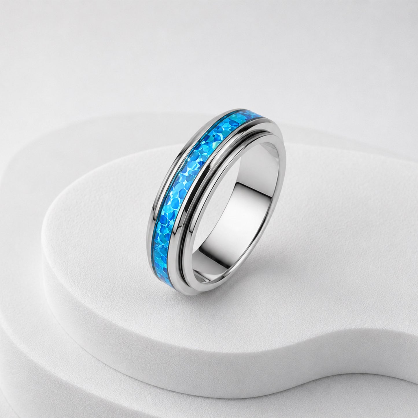 Planderful Everyday Genie Blue Opal Rotatable Ring Stainless Steel Unisex Jewelry for All