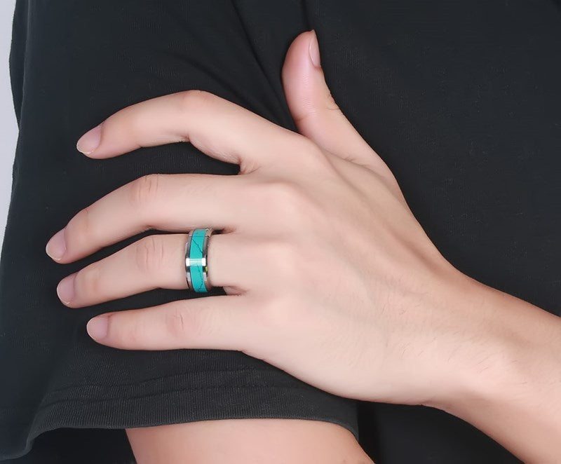 Tungsten Steel Ring Gold Flat Edge Turquoise Wholesale Men
