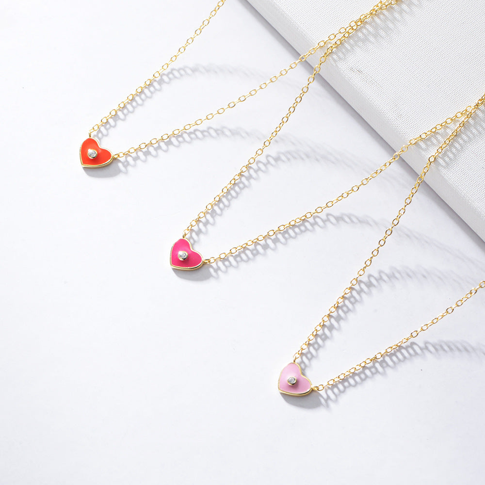Girl Small Fresh Love Heart Pendant Necklace S925 Sterling Silver Colored Epoxy