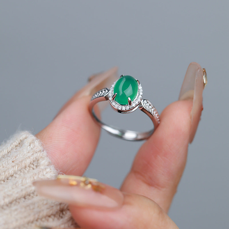 S925 Sterling Silver Natural Chalcedony Ring — Adjustable