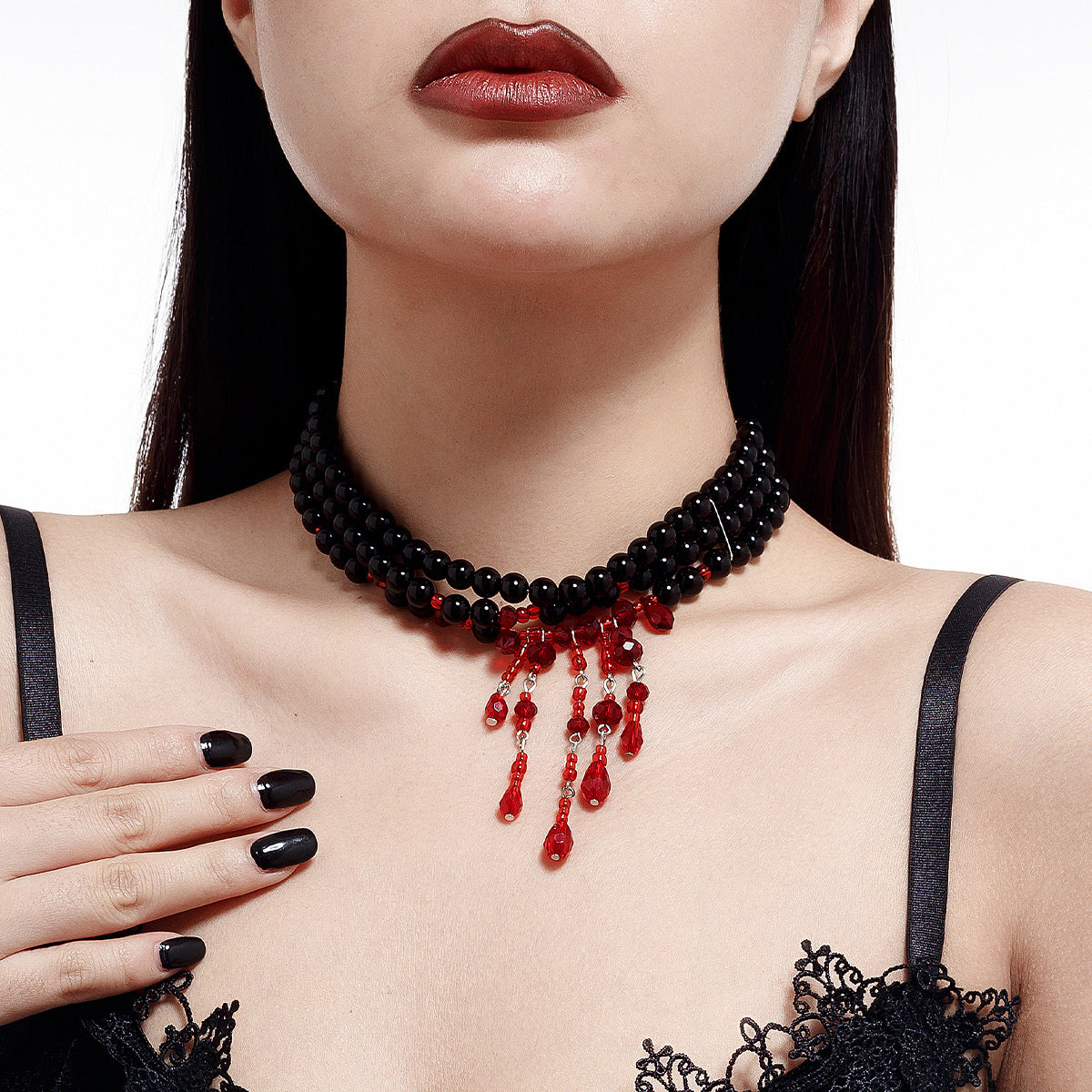 Gothic Pearl Heart Blood-Drip Layered Necklace