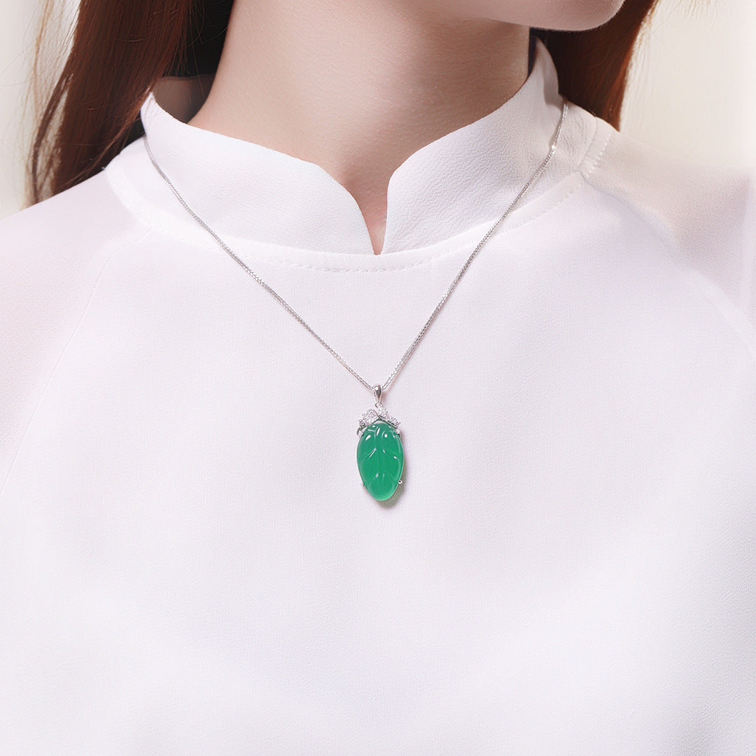 S925 Sterling Silver Natural Chalcedony Leaf Necklace