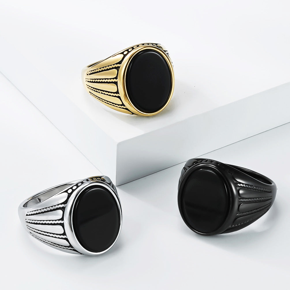 Planderful Everyday Genie Oval Black Stone Ring For Men Unisex Durable Stainless Steel Jewelry