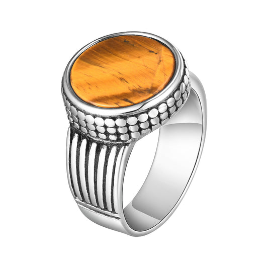 Stainless Steel Men's Natural Tiger's Eye Stone Casting Ring