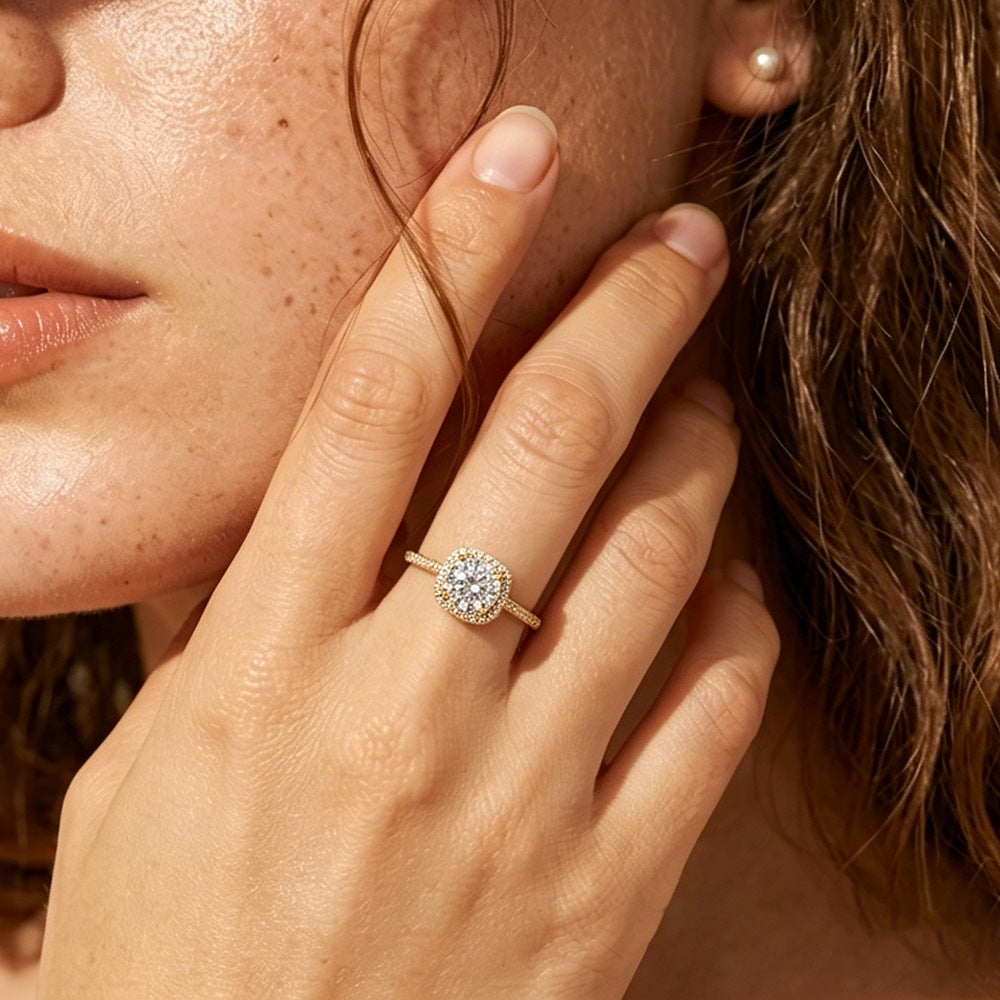 925 Sterling Silver Small Sugar Cube One Carat Simulation Diamond Zircon Ring European,