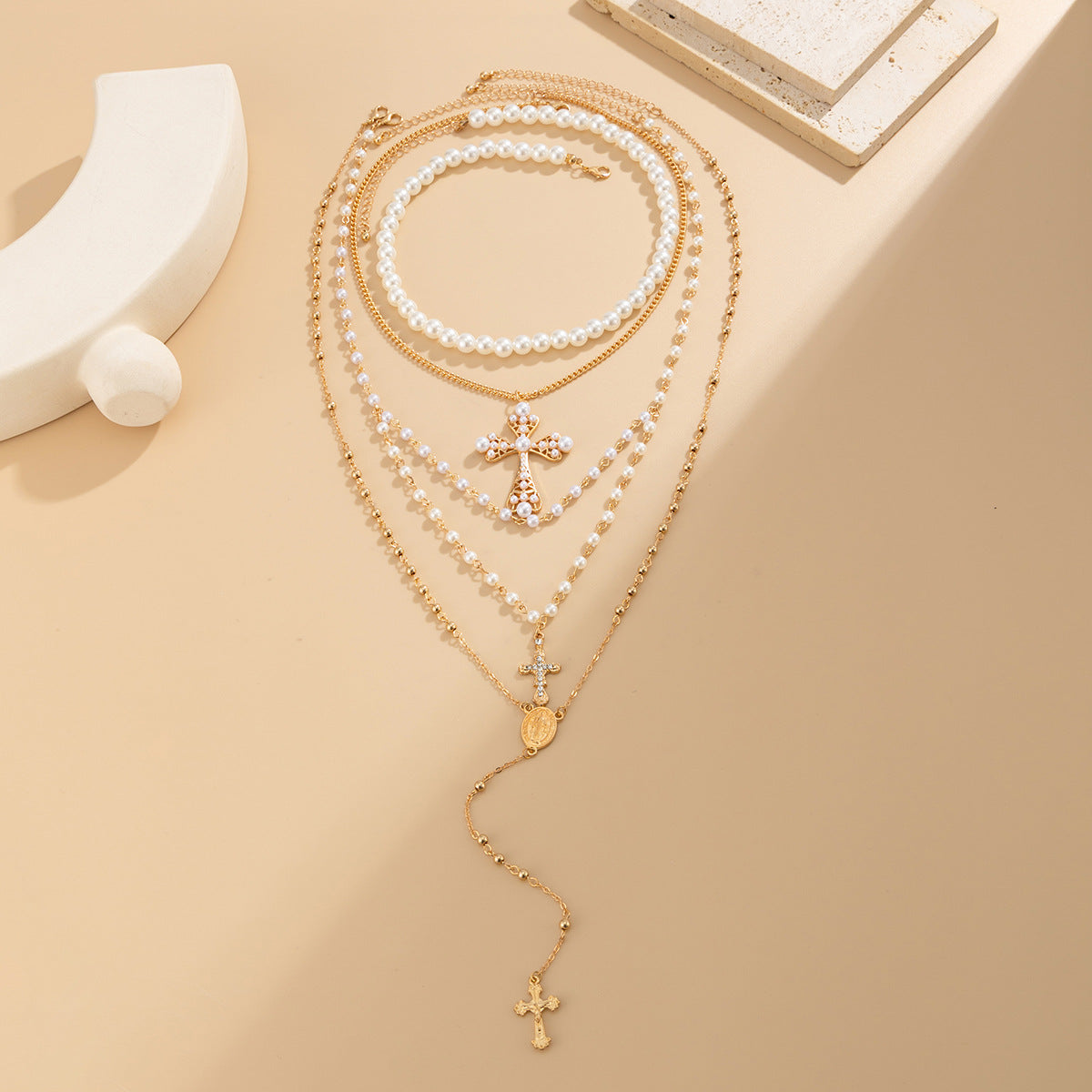 French Stacked Portrait Imitation Pearl Necklace Ethnic Exaggerated Cross Pendant