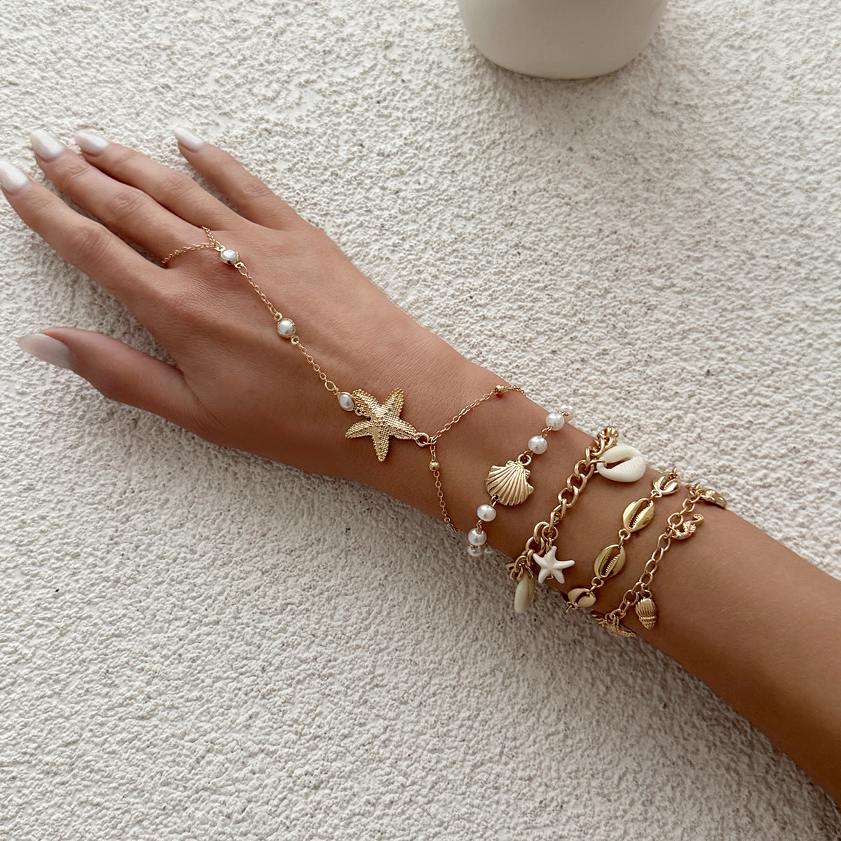 Ocean-Style Shell Tassel Finger Bracelet Vacation Seahorse And Starfish Shape Layered Pearl