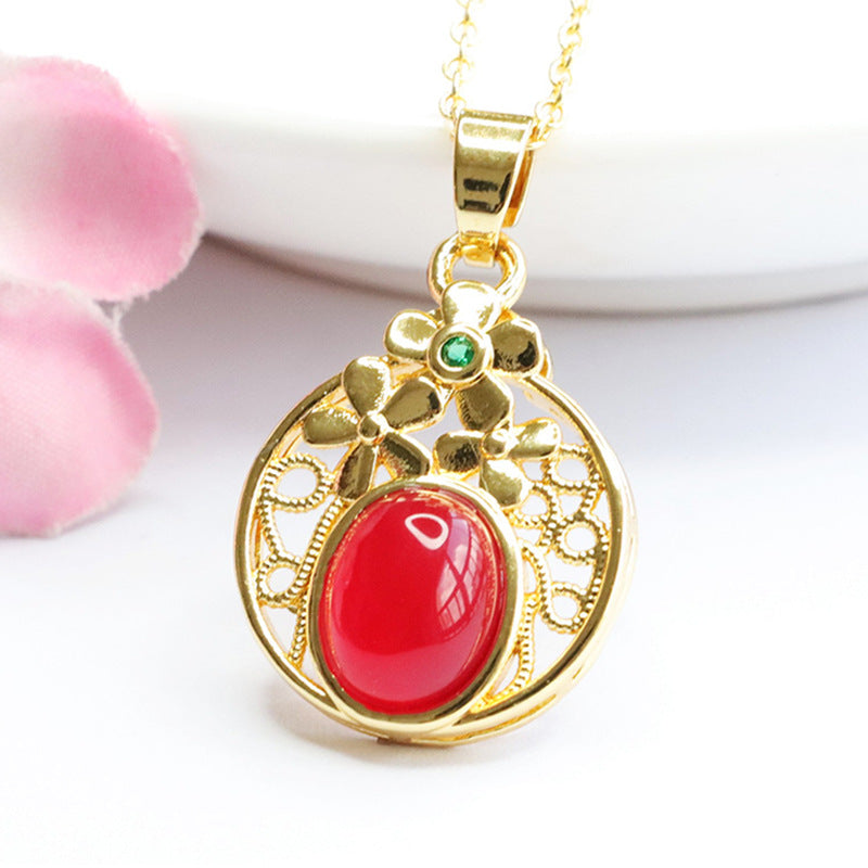 Oval Natural Red Agate Chalcedony Flower Hollow Round Golden Pendant