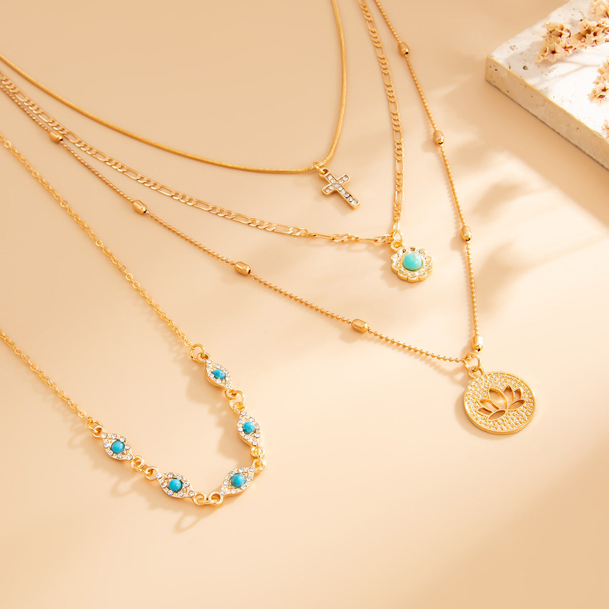 Lotus Drop & Cross Layered Pendant Necklace