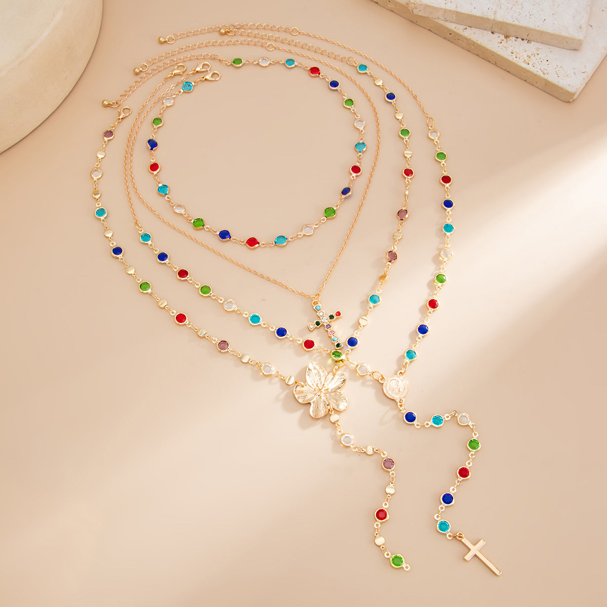 Flower, Crystal & Cross Fringe Necklace