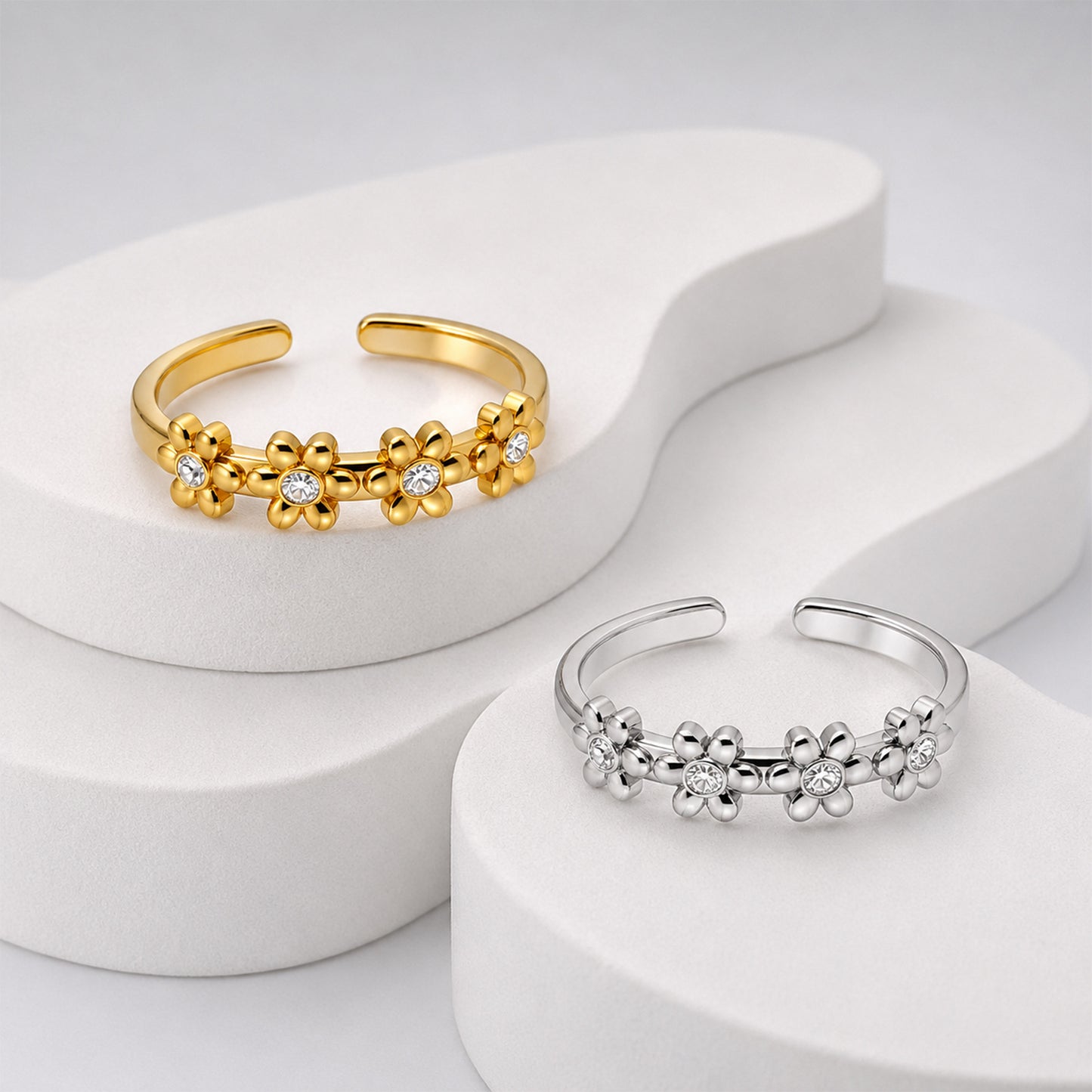 Planderful Zircon Flower Stainless Steel Ring Adjustable Opening For Women And Teens Everyday Wear