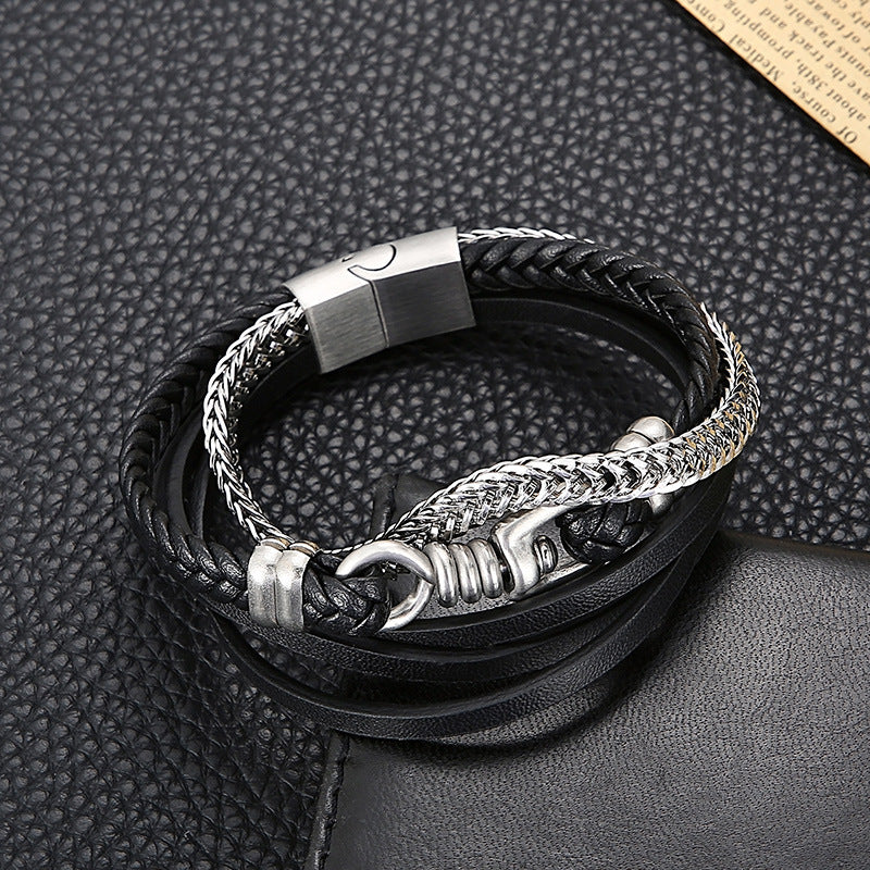 Planderful Men Leather Chain Bracelet Multi Layer Punk