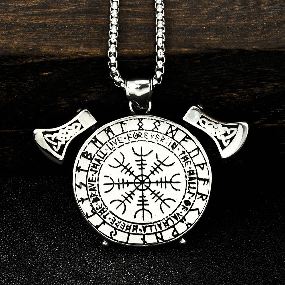 European and American Jewelry Wholesale Head Titanium Steel Men's Pendant Vintage Viking Odin Axe Necklace
