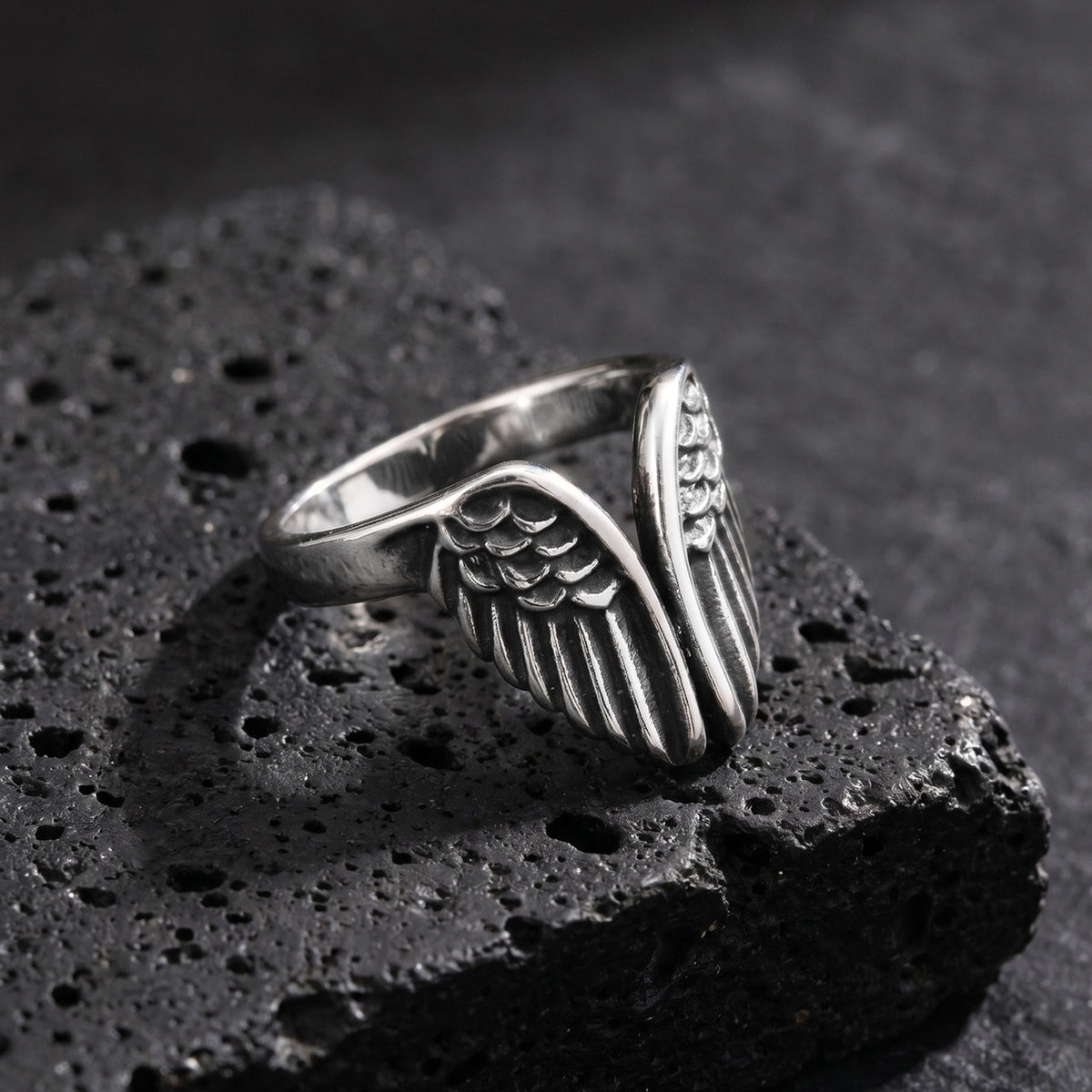 Stainless Steel Men's Street Dark Locomotive Daily Stacked Open Angel Wing Ring