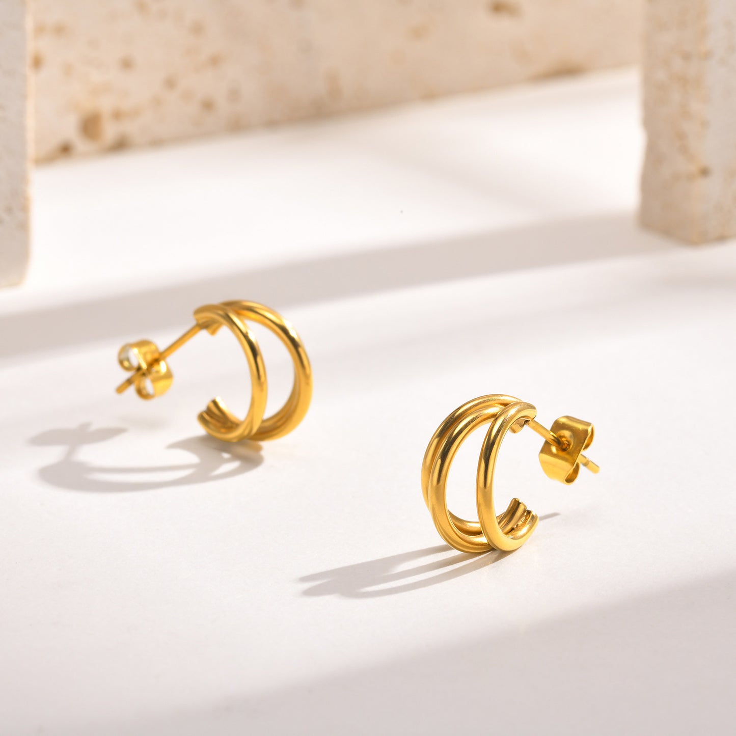 New Ins Wind Ladies Stainless Steel 18k Gold Double Ring Earrings