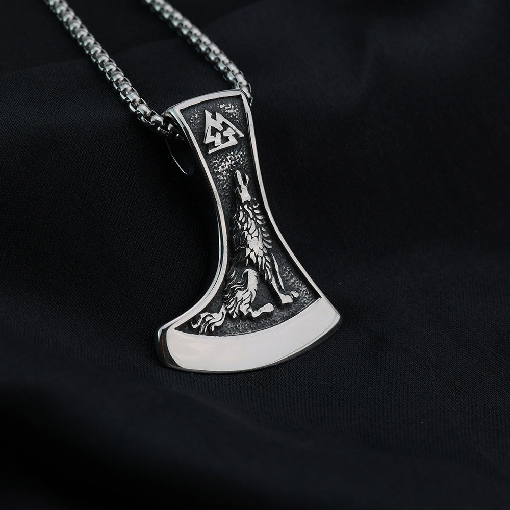 Planderful Viking Pendant For Men Bold Stainless Steel Norse Axe Wolf Raven Double Sided Necklace
