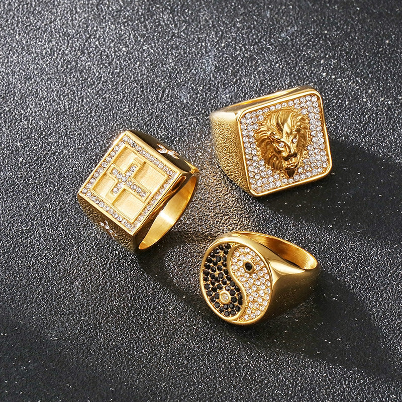 Planderful Mens Titanium Ring Lion Head Zircon Cross