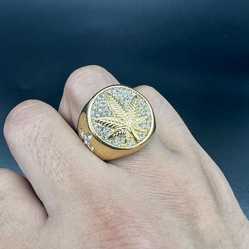 Planderful Collection Hip Hop Titanium Steel Ring For Men Gold Maple Leaf Rhinestone Cross