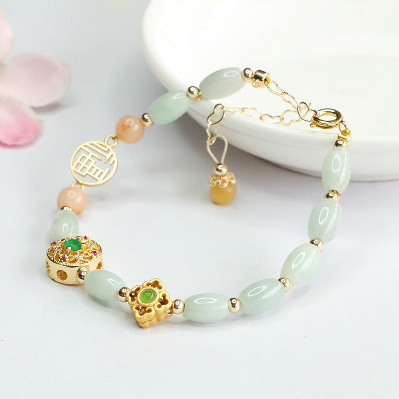 Jadeite Rice Bead & Fu Plaque Bracelet