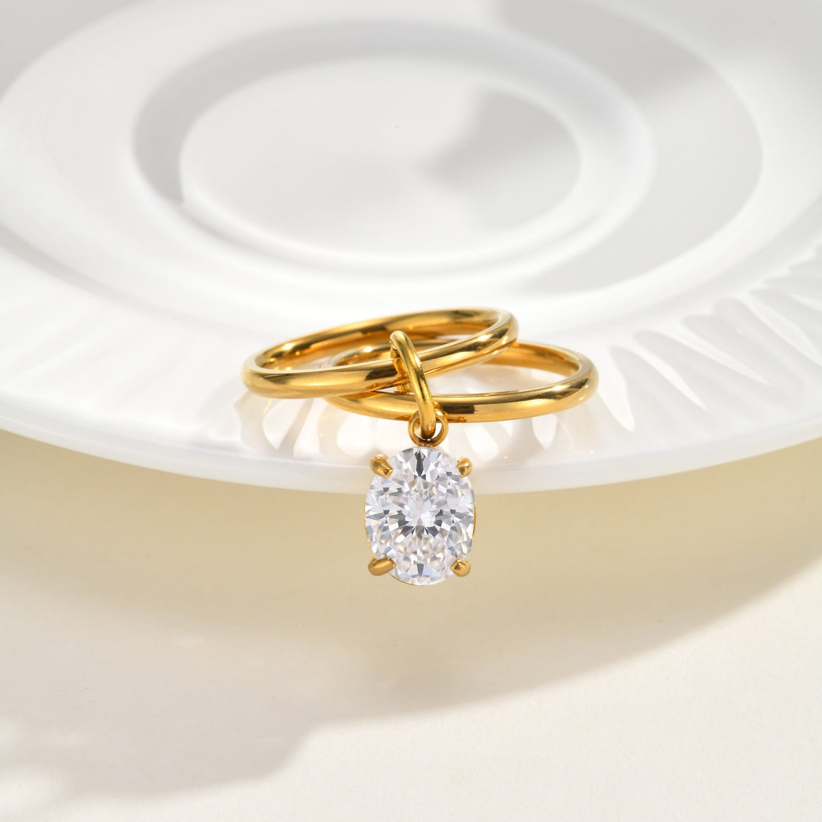 Stainless Steel Double Ring Square White Zircon
