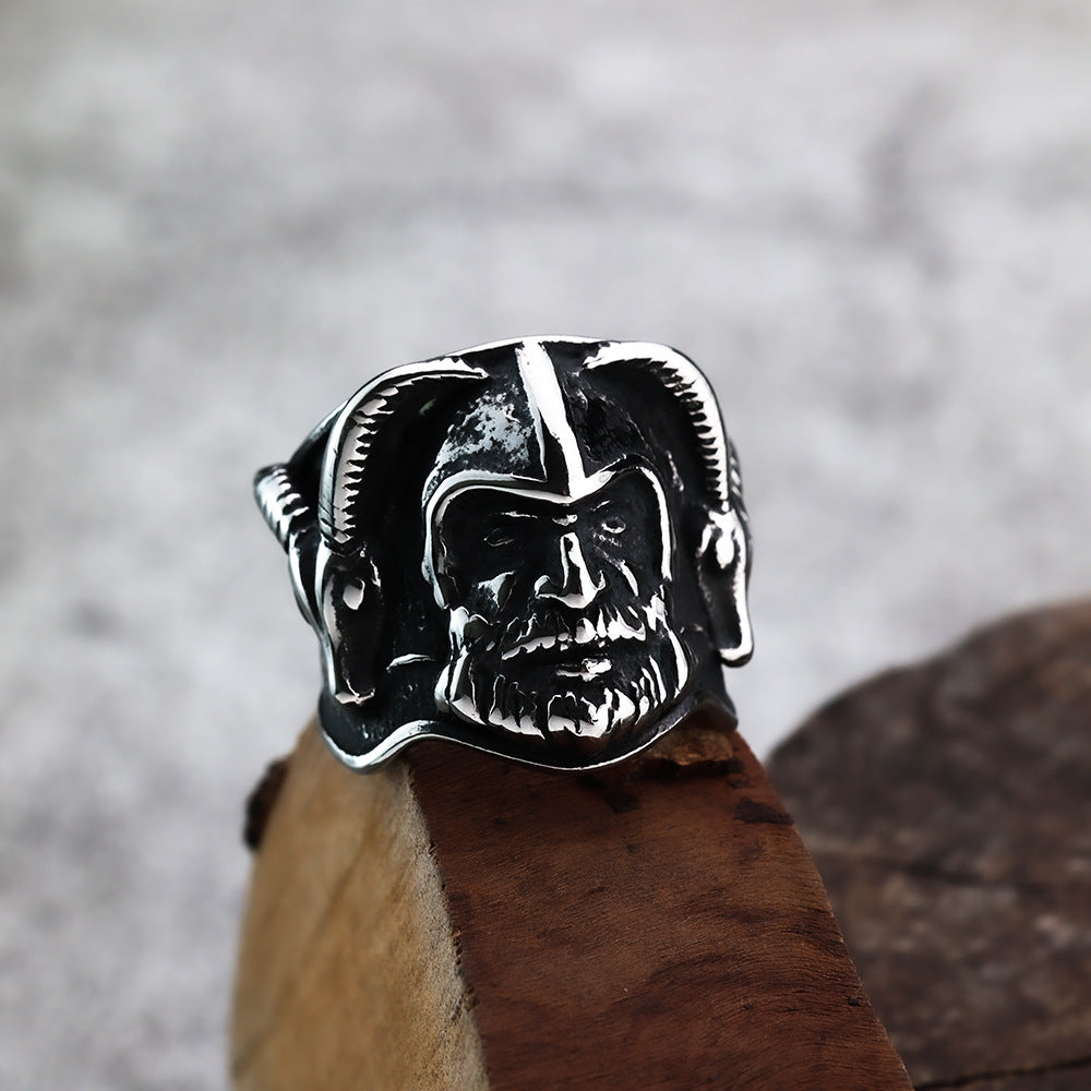 European And American Retro Jewelry Stainless Steel Men's Ring Hip Hop Style Viking Double Sheephead Warrior Ring