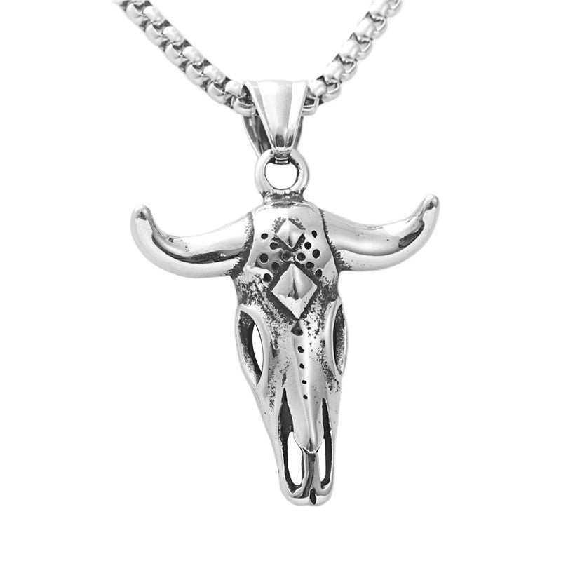 Punk-Inspired Titanium Steel Cow Skull Pendant Necklace for Men - Retro Animal Design
