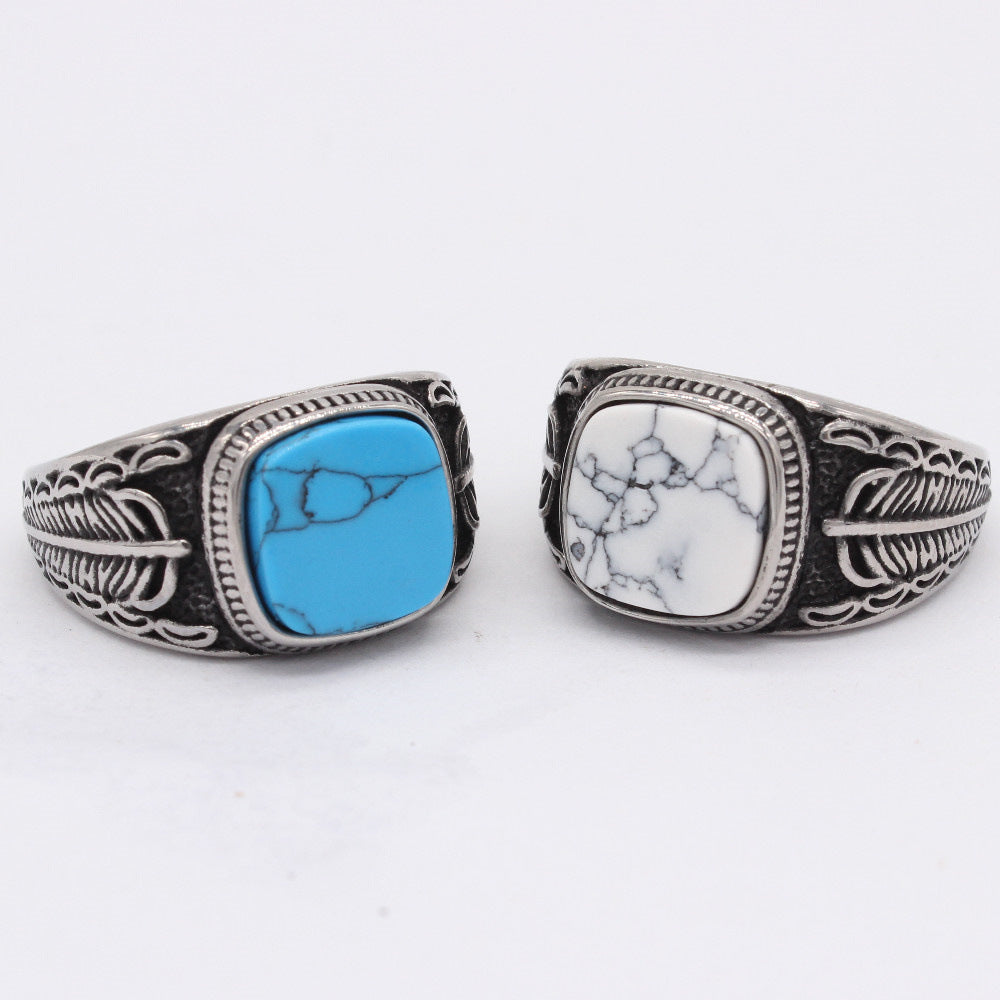 Planderful Turquoise Feather Steel Ring For Men And Unisex Durable Retro Protection Statement Everyday Genie