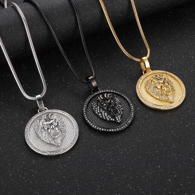Rock Hip Hop Round Pendant, Retro Electroplated 18k Gold Slightly Inlaid Zircon Lion Necklace