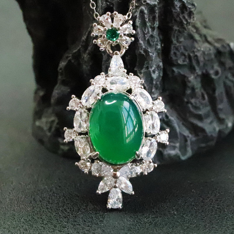 Green Chalcedony Zircon Necklace with Sterling Silver Chain