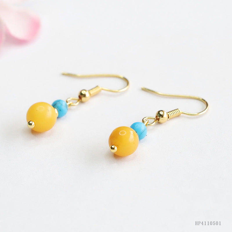 Yellow Beeswax Amber Bead Drop Earrings