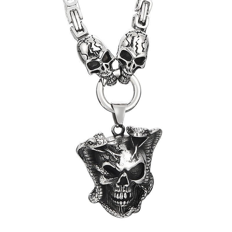 Retro Punk Ghost Head Pendant Necklace - Dark Snake King Skull Men's Titanium Steel Chain