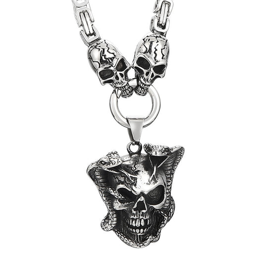 Retro Punk Ghost Head Pendant Necklace - Dark Snake King Skull Men's Titanium Steel Chain